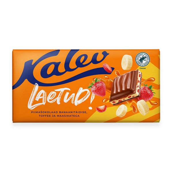 Kalev | Milk chocolate with banana filling, toffee and strawberries 111g